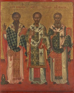 Saints Basil, John Chrysostom and Gregory, Icon, Greek, c. 1700s. National Gallery of Victoria.