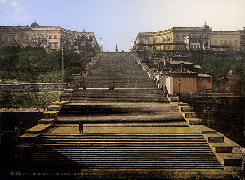The Potemkin Stairs in Odessa, from a c. 1895 postcard now in the US Library of Congress. Public domain.